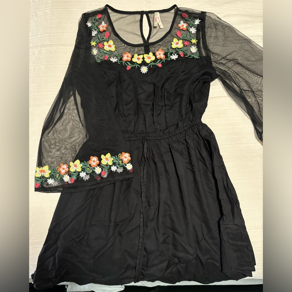 Black Holiday Dress with Chiffon Sleeves and cinched waist. Embroidered flowers